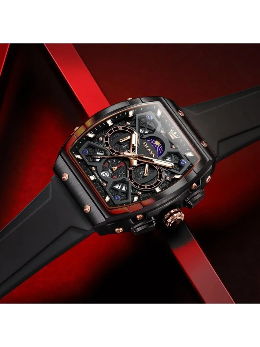 Mens All Black Chronograph Waterproof Rectangle Moon Phase Luminous Quartz Watch